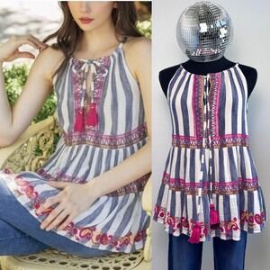 Altar'd State Striped Embroidered Boho Halter Tank Top, Size Medium, Blue White